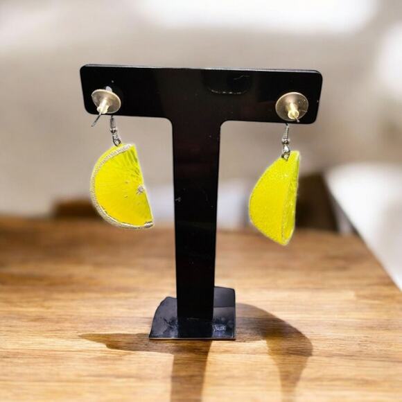 Pierced Earrings Fun Novelty Yellow Lemon Wedge French Wire Acrylic Fashion - Picture 2 of 5